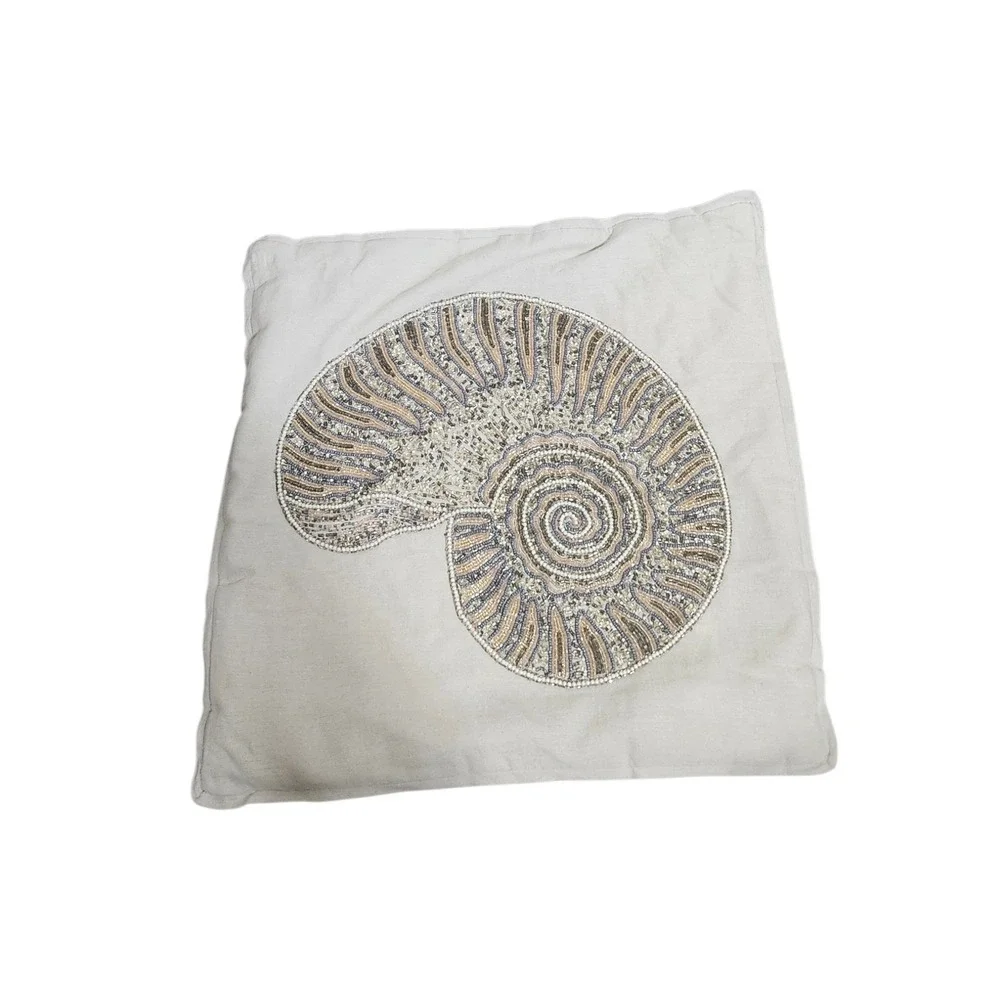 Pier 1 Beaded Nautilus Seashell Throw Pillow Cover Gold Coastal Decor Square